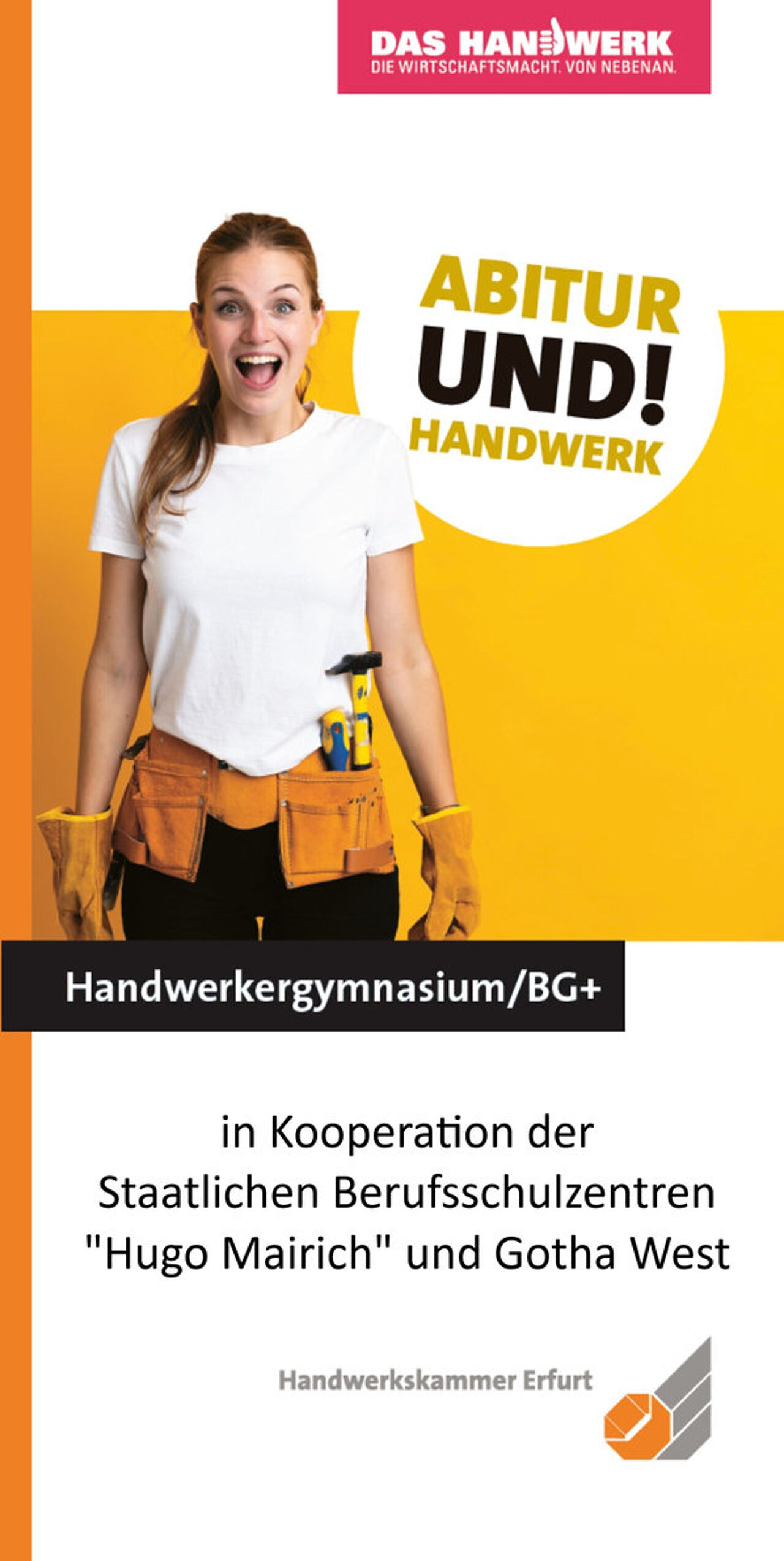Titelseite des Flyers „Abitur und Handwerk“ mit einer jungen Frau in Arbeitskleidung und dem Hinweis auf das Handwerkergymnasium BG+.