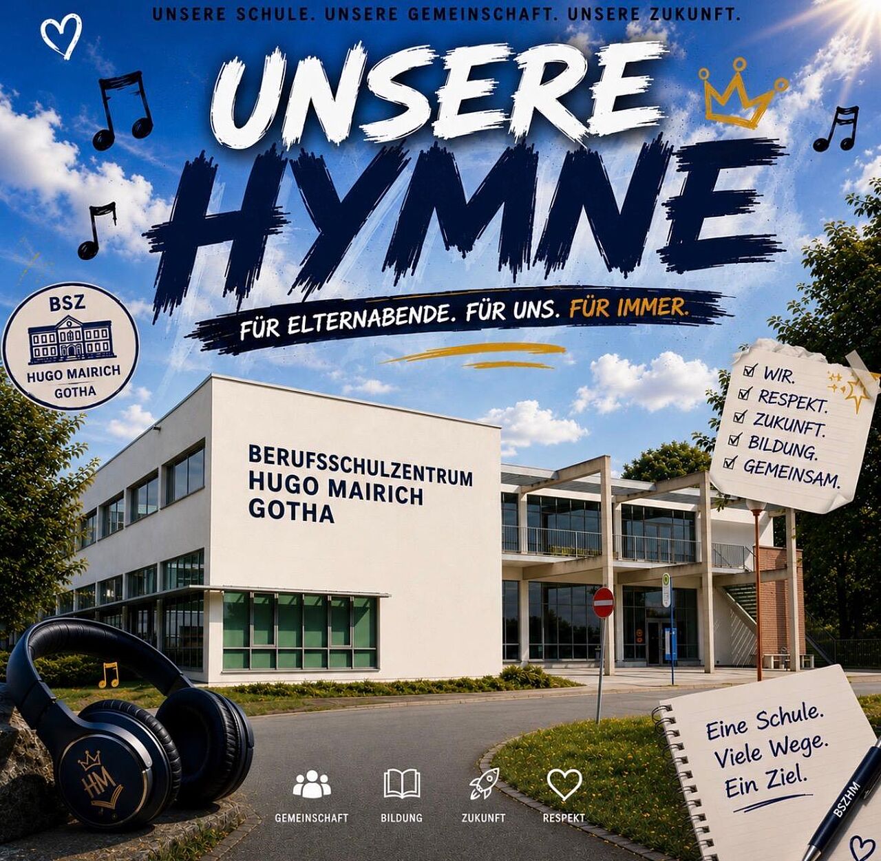 Alternativtext: Gestaltetes Titelbild der Schulhymne „Unsere Hymne“ mit dem Berufsschulzentrum Hugo Mairich Gotha, Kopfhörern und den Leitbegriffen Gemeinschaft, Bildung, Zukunft und Respekt.