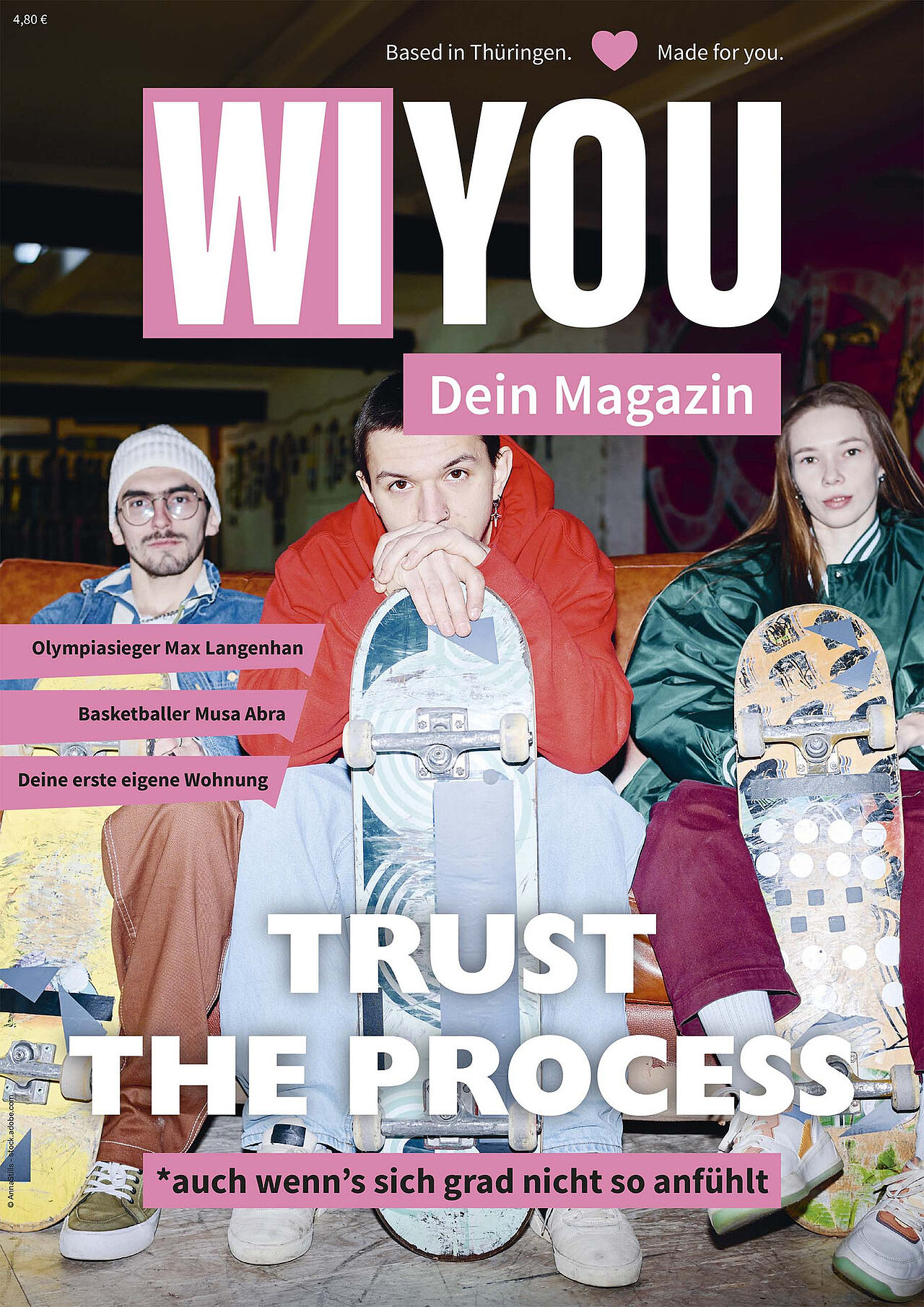Titelseite des Thüringer Jugendmagazins WIYOU mit drei jungen Menschen und Skateboards sowie dem Schwerpunktthema „Trust the Process“.