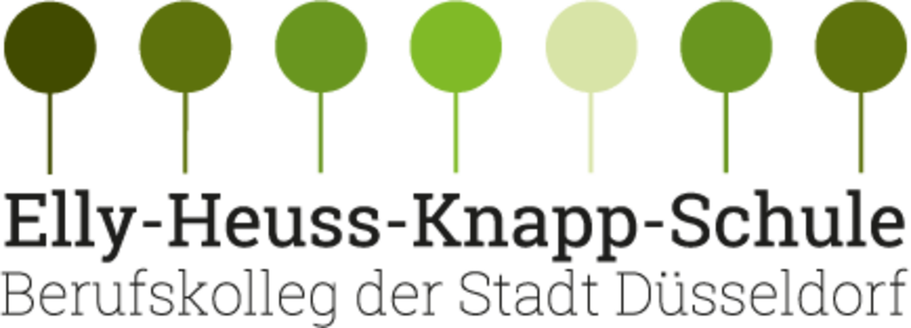 Logo der Elly-Heuss-Knapp-Schule mit sieben stilisierten grünen Bäumen und dem Schriftzug „Berufskolleg der Stadt Düsseldorf“.